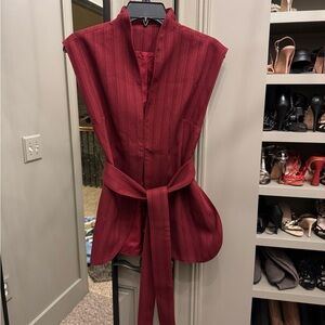 Commense Burgundy Sleeveless Waist-Tie Vest